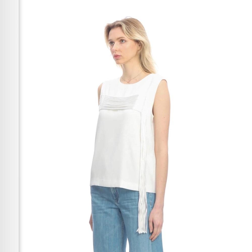 NWOT Rare  DKNY Sleeveless White Blouse with Extra Long Satin Fringe P